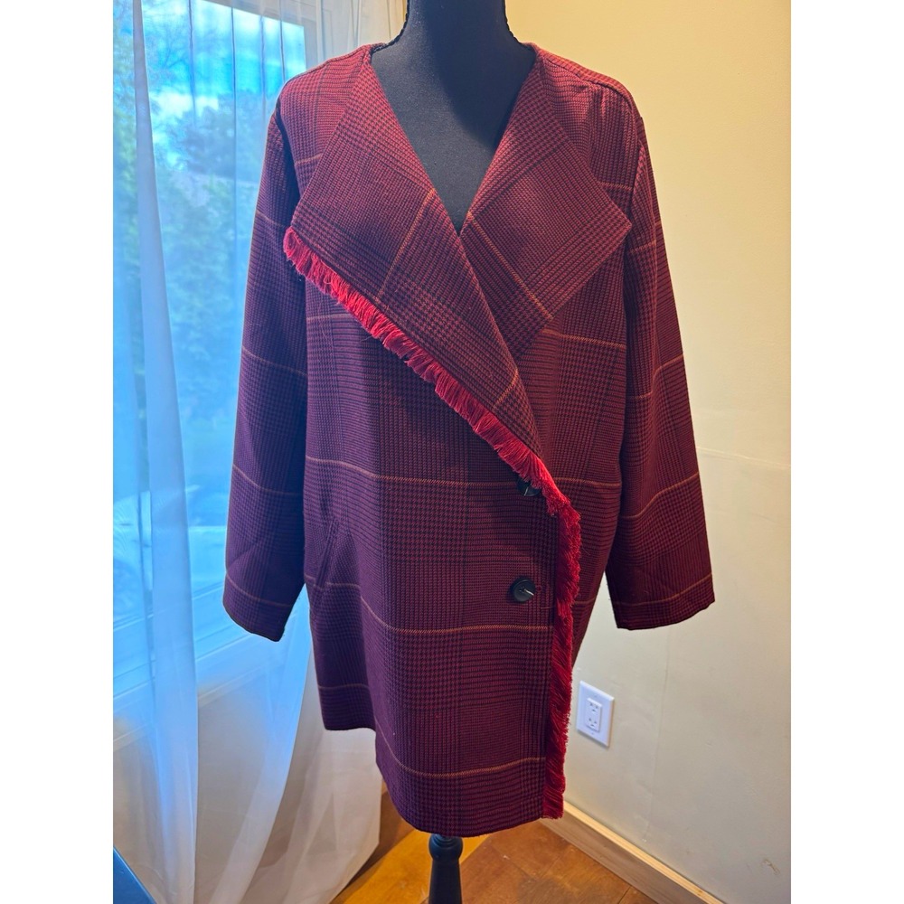 Laurie Felt Burgundy/Black Plaid Fringe Button Front Pocket Overcoat Women's L